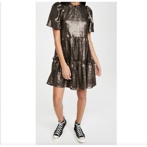 Sea New York Rachelle Black Sequin Dress with Ruffle Collar large